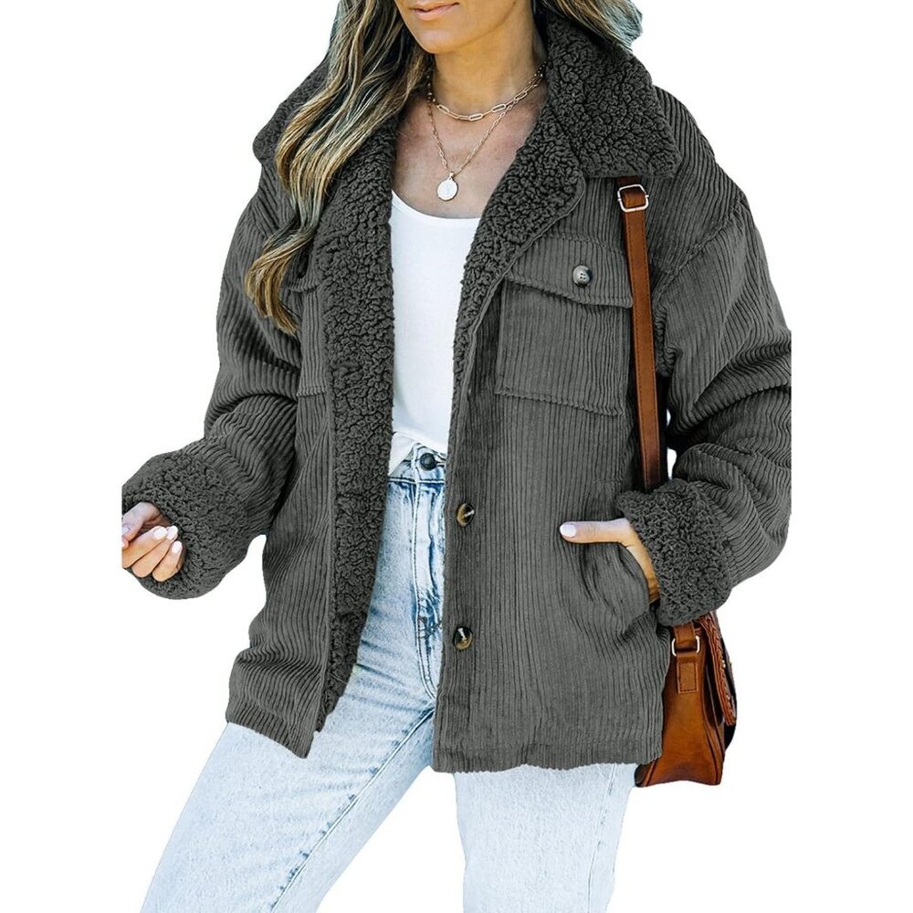 Women's A Gray Jacket Vests Coat Fleece Fur Collar Button Down Winter Warm